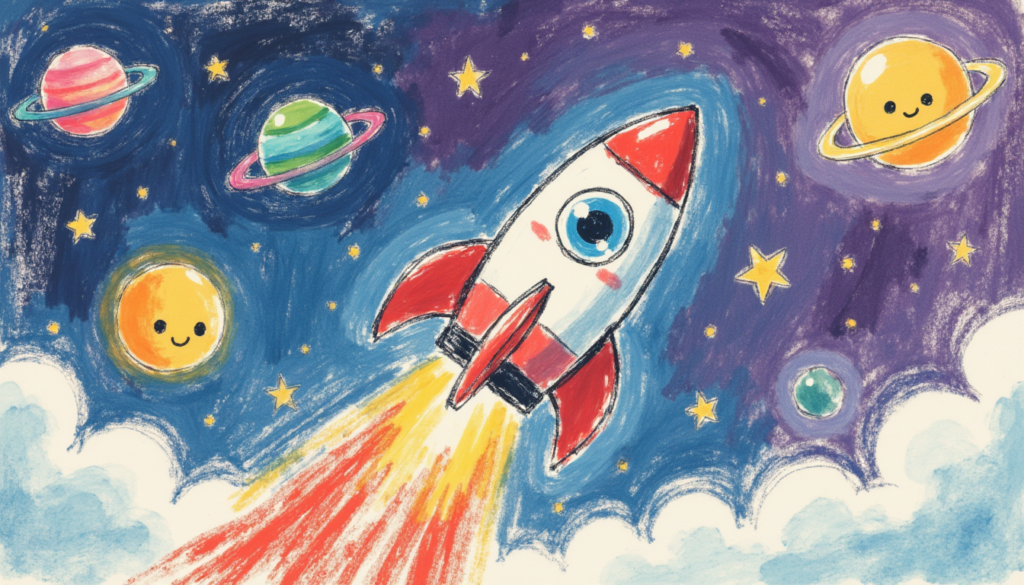 crayon colored rocket ship in outer space