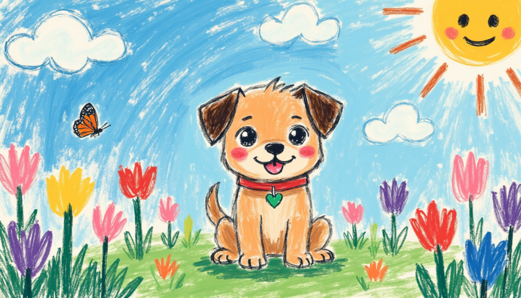 light brown puppy in a flower field on a sunny day