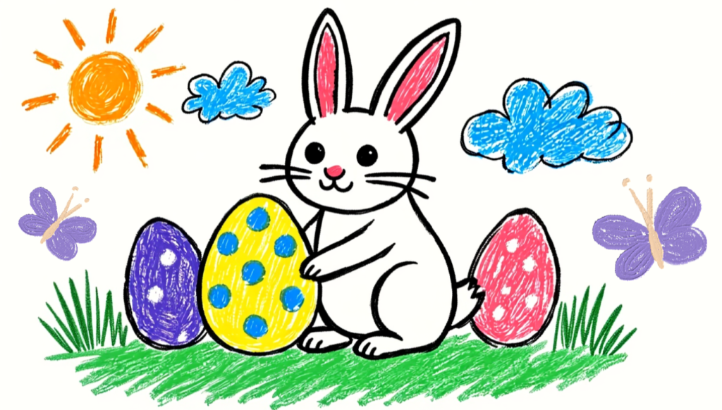 easter themed coloring page with bunny and colored eggs