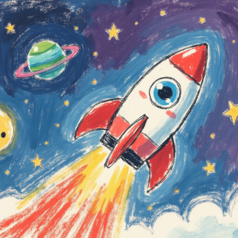 crayon colored rocket ship in outer space