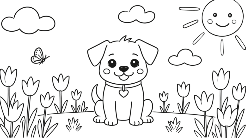 puppy in a flower field coloring page